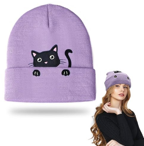 TUONYIS Lila Damen-Katzenbeanie, süße Katze, Katzenohren-Beanie-Mütze, Katzengeschenke für Katzenliebhaber, Katzenbeanie-Strickmützen für Mädchen, Damen, Valentinstagsgeschenke(Lila)