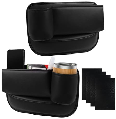2 Pack car Leather Cup Holder Gap Bag, 3.2 inch Cup Holder car seat Gap Filler Organizer, for Storing Mobile Phones, Keys, Sunglasses, Cards, Comes with Anti-Slip pad(Driver + Passenger, Black)