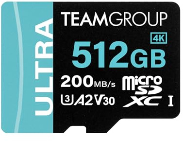 TEAMGROUP Carte Ultra A2 512 Go Micro SDXC UHS-I U3 A2 V30, R/W jusqu'à 200/170 Mo/s avec adaptateur TULMSDX512GIA2V3022503