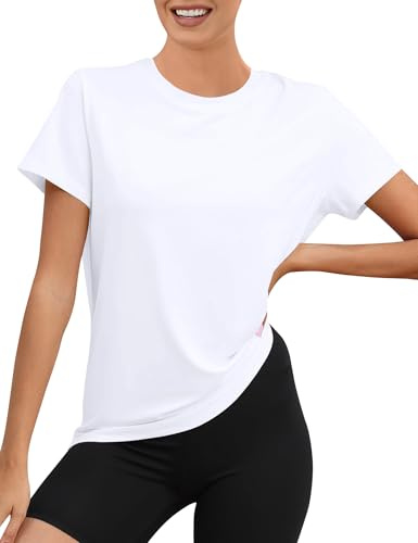 Rapbin Sport Shirt für Damen Sportshirt Kurzarm Funktionsshirt Gym Oberteil Laufshirt(Weiß,S)