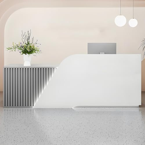 Snaweo Empfangstheke, Empfangstresen mit Schublade, Rezeptionstheke mit LED-Licht, Simplicity-Kasse, Verkaufsthekentisch für Salon, Lobby, Geschäft, Büroempfangsraum(White+Gray L,140cm/55in)