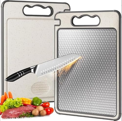 Vasmeiy Planche a Decouper Inox, planche à découper double face pour la cuisine, planche à découper antidérapante, conception en maille résistante aux rayures, lavable au lave-vaisselle (37L x 25W cm)