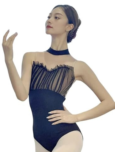 SAYTAK Ballett Trikot,Ballettanzug Frauen Ballett Trikot Kragen Mesh Trikot Erwachsene Mädchen Skate Pole Dance Body(Blue,S)