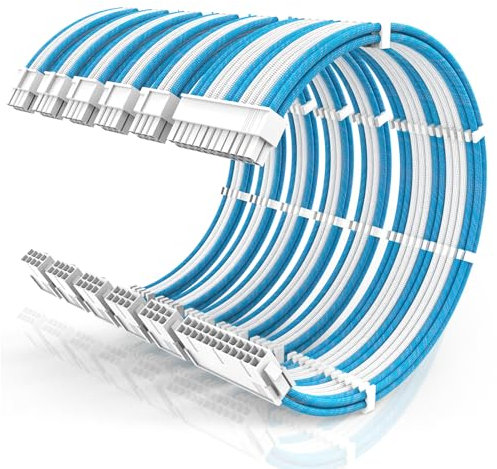 16AWG PSU Cable Extension Kit with Cable Combs,1x24pin ATX/2x8pin(4+4) EPS/3x8pin(6+2) PC Sleeved Cables 30cm Length,Power Supply Extension Cable Kit(Blue/White)