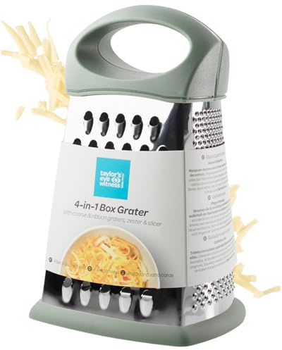 Taylor's Eye Witness Professional 4-Sided Box Grater – 20cm Stainless Steel Hand-Held Cheese Grater, Zester & Slicer with Non-Slip Base for Vegetables, Citrus Fruit, Coconut. Sage Green Coloured.