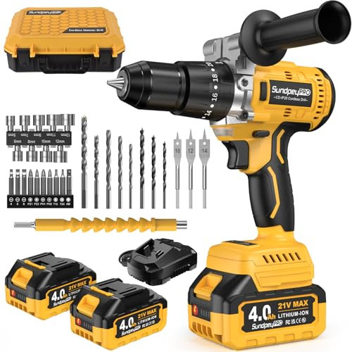 Trapano Percussione Batteria Brushless 21V - SundpeyPRO 120Nm Trapano Avvitatore a Batteria con 2 Batterie 4Ah, 20+3 Coppie, 13mm Mandrino, 2 Velocità, 35 PZ Accessori, per Casa Riparazione, Fai da te