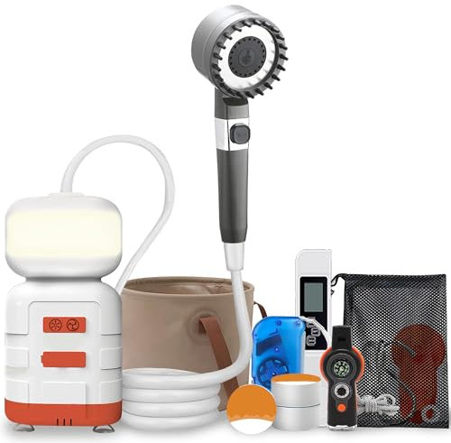 Portable Outdoor Shower Kit, USB Reachargeable 8000mAh with Build-in LED Light for Night Use, Foldable 20L Bucket, Adjustable Showerhead with Extra Survival Items Kit (Ideal for Camping, RV)