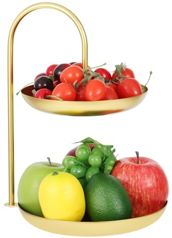 HFYZZ 2 Stockig Obstkorb Etagere Metall Gold Obstschalen Deko Kuchenständer für Küchendekoration Gemüse Obst Snacks Büro Küche Ablagekörbe 17/20cm