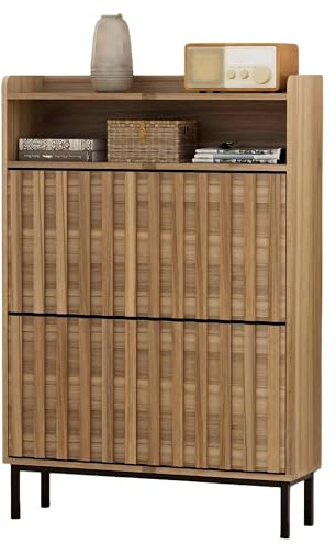 UEV Schuhschrank mit 2 Klappen Schmal, Schuhkipper 80x24x117cm (Hellbraun) | Schuhkommode mit Kippschutz, Verstellbare Trennwände für Verschiedene Schuhtypen, Schuhaufbewahrung für Flur Wohnzimmer