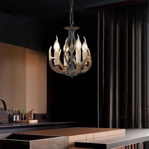 Trutipon Kronleuchter Retro Harz Stock Pendelleuchte Höheneinstellbar E14 Braun Stock Hirsch Horn Restaurant Deckenleuchte 4 Köpfe Retro Horn Licht Für Bar Wohnzimmer Café Esszimmer Küche