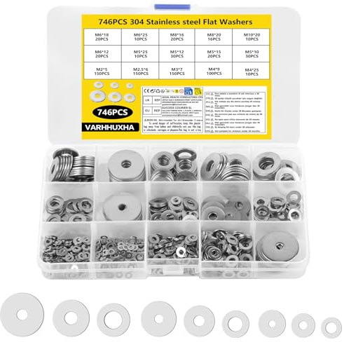 VARHHUXHA Washers for Screws, 746pcs, M2-M10, Stainless, Penny Washers | Great for automotive, furniture, appliances, electronics, and general home repair tasks.