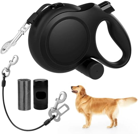 Einziehbare Hundeleine 8m, 360° Anti Verwicklungs Design, Rollleine mit Beißschutz und Kotbeutelspender, Schleppleine Ausziehbarmit Rutsch Griff, Flexileine für Hunde 15-50kg, Schwarz