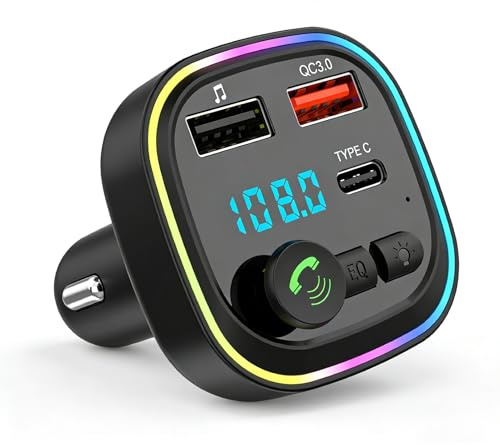 Transmetteur FM Bluetooth Voiture, Allume Cigare Bluetooth | Kit MP3 sans Fil à Charge Rapide QC3.0, 2 Ports USB 5V/3A, Chargeur Rapide de Voiture PD 20W QC3.0+Type C, Support TF/USB