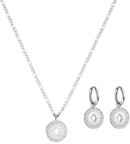 Purelei Lolani Set – 2-teiliges Schmuckset aus Lolani Kette & Lolani Creolen – Edelstahl, wasserfest, 18K vergoldet – gemusterte Coin-Anhänger – verstellbare Kette 45–50 cm