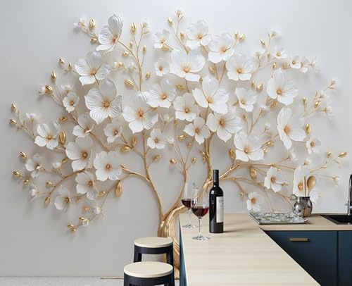 Papier Peint Panoramique Fleurs Luxuriantes Arbre De Vie, Poster Geant Mural Personnalisé 3D, Plantes Élégantes Pour Salon Chambre D'Enfant Décoration Murale, Beige Moderne Murales, 300X210Cm