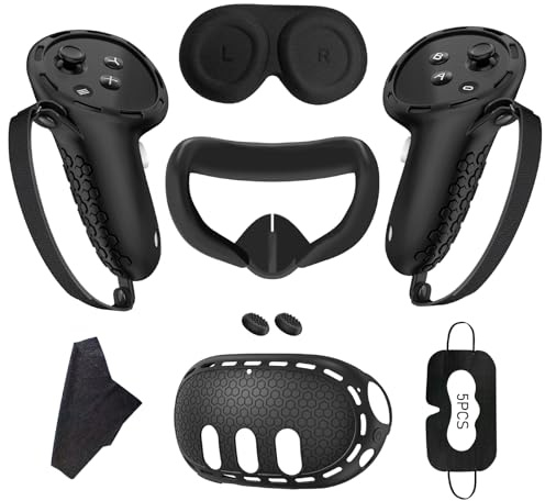 7-teiliges VR Silikonhüllen-Set für Quest 3 Zubehör Set, VR Brille Schutz | mit Gesichtsmaske, Controller Griffe, Linsenschutz, Schweißfest, Leicht & Komfortabel, für Meta Quest 3/3S/2, Schwarz