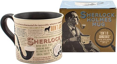 The Unemployed Philosophers Guild Tasse à café Sherlock Holmes – Avec citations Holmes, règles de déduction, images intrigantes et portrait de Sidney Paget, livrée dans une boîte amusante
