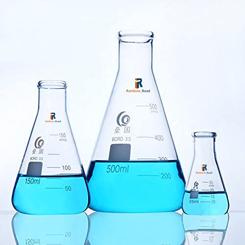 Erlenmeyer Flasque conique en verre borosilicate 3.3 gradué à goulot étroit Erlenmeyer - Flasque graduée pour chimie - 25 ml - 3 000 ml (150 ml)