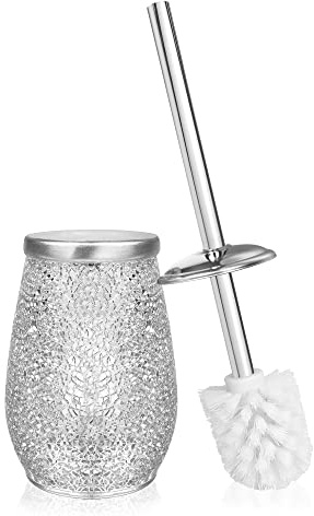 Deblanch | Escobilla baño-WC-Inodoro | Cerámica | Color Plata | Incrustaciones Cristal | Cepillo Blanco Desmontable | 11.5 cm ∅ x 36 cm Alto