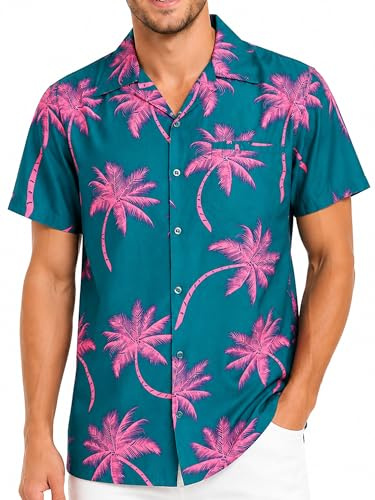 King Kameha Funky-Hawaii-Hemd, Herren, Kurzarm, Palm-Shadow, Dunkel-Grün-Pink, M
