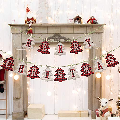 LessMo Weihnachtsbanner mit Kiefernmuster, Merry Christmas Hängende Flagge, Weihnachten Briefe Banner für Tür-Wand-Fenster Home Innen- und Außen Neues Jahr Party Dekoration Kamindekoration