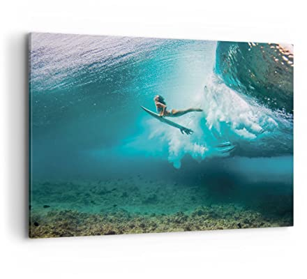 Wandbilder Dekoration Wohnzimmer Surfen Unterwasser Frau Bilder auf Leinwand 120x80cm Leinwandbild Schlafzimmer Küche Deko Wand Kunstdruck Art Groß XXL Wanddeko Bild Wall Decor Canvas AA120x80-4898