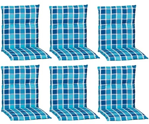 NYVI Gartenstuhl Auflagen Niedriglehner 6er Set Barcelona - UV-Beständig, Atmungsaktiv, Strapazierfähig - Niedriglehnerauflagen Outdoor - Sitzauflagen für Gartenstühle 100x50cm Aqua Blau Karo