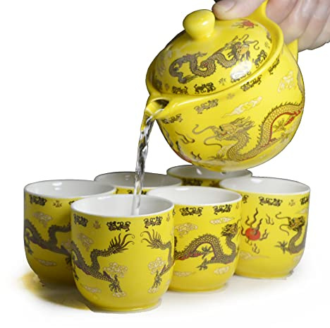Porzellan-Teekanne, Tee-Set, 1 Teekanne, 6 Tassen, Teekanne, Keramik, Geschenk, Tischdekoration (Set 284 ml, Topf 85 ml Drachen)