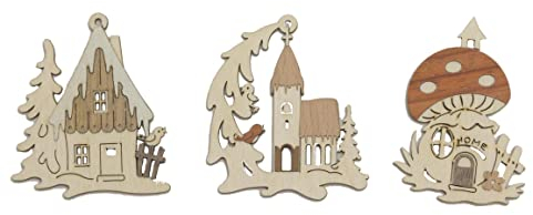Kuhnert Drechslerei Schmuckanhänger/Baumschmuck - Motiv: Winterhäuser im 6er Set - Höha: ca. 7 cm - Made in Germany