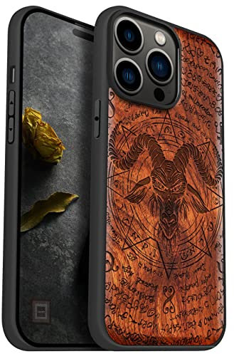 Carveit Case for iPhone 14 Pro Max Compatible MagSafe Protective Cover Wood Hybrid TPU Shockproof Bumper For Apple 14 Pro Max Magnetic Cases Design Wooden (Baphomet of Old Manuscript-Rosy)