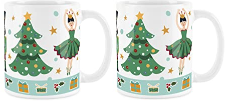 Purely Home Nutcracker & Christmas Tree Mug Green Design - White Christmas Festive Coffee/Tea Gift 11oz - 2 Mug Set