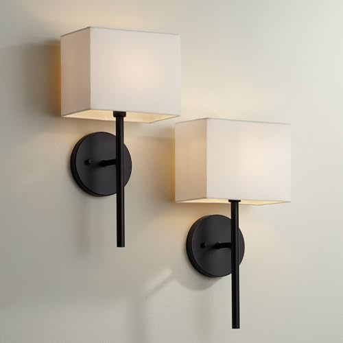 Possini Euro Design Favreau Modern Wall Light Sconces Set of 2 Black Hardwired 8 Fixture White Rectangular Linen Shade for Bedroom Living Family Room Hallway Dining Kitchen House