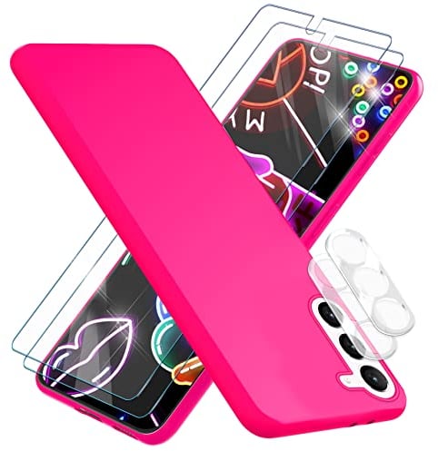 NALIA Kit [5-en-1] Compatible avec Samsung Galaxy S23 Coque, [1x Étui en Silicone Néon & 2X Protection d'Écran & 2X Protecteur Caméra] Couleur Intense Anti-Dérapant Mince Souple, Couleur:Pink Rose