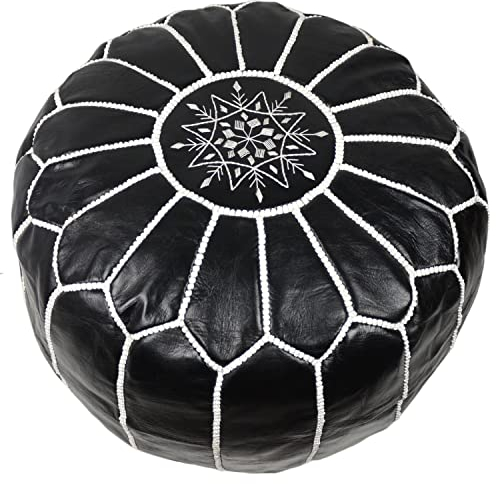 Orientalischer Echtleder Pouf, Schwarz, Ottoman Sitzpouf 54 x 34 cm, gefüllt geliefert, Leder Sitzhocker, Sitzpuff, Puff, Fußbank, Fußhocker, Bodenkissen, Sitzkissen, Kissen, Hocker, 100% Handarbeit