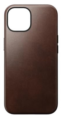 Nomad Modern Leather Case for iPhone 15 Case Horween Leather Compatible with MagSafe Wireless Charging Case, 360° Raised Edges TPE Bumper & Drop Protection - Rustic Brown