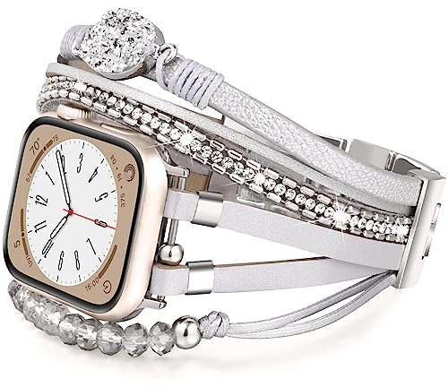 VISOOM Beaded Boho Kompatibel mit Apple Watch Armband 40mm/38mm/41mm/42mm Series 10/9/8/7/SE 6/5/4 Frauen Leder Mode Niedlich Handmade Multilayer Wrap Watch Strap iWatch Bands 3/2/1 Replacement,Silber
