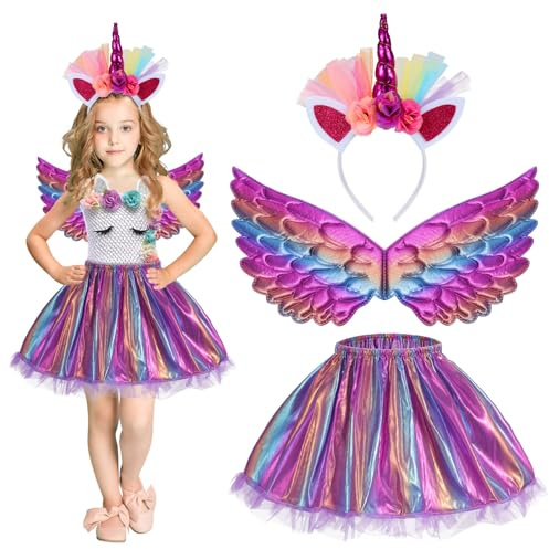 Hifot Einhorn Kostüm Prinzessin Set 3 Stück，Regenbogen Tutu Rock Mädchen Kostüm Tüllrock,Einhorn Haarreif Flügel für Mädchen für Unicorn Cosplay Kindergeburtstag Karneval