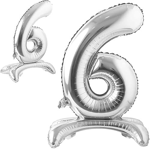 Stehende Luftballons * Zahlen 0 bis 9 * in Gold + Silber + Rosegold | 86cm groß; kein Helium nötig | Stehballons Geburtstag Deko Zahl Party Kindergeburtstag Partydeko, Farbe: Zahl 6 Silber