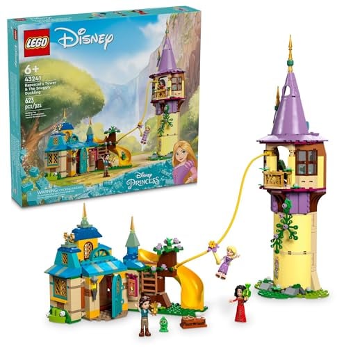 LEGO Disney Prinzessin Rapunzels Turm & Das kuschelige Entlein Verheddertes Bauspielzeug mit Flynn Reiter und Mutter Gothel Minipuppen, Disney Princess Spielzeug, lustiges Geschenk für Mädchen und