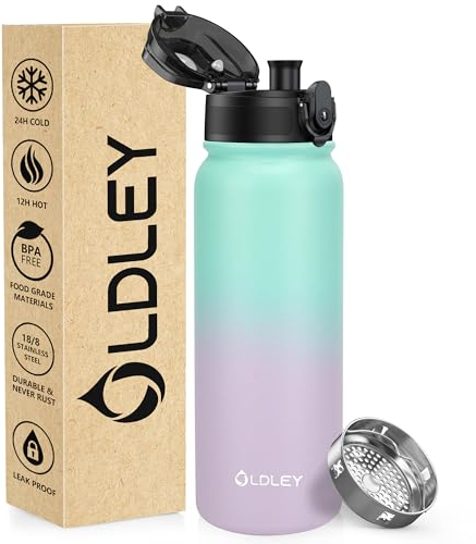 OLDLEY Borraccia in Acciaio Inossidabile 600ml/20oz Sottovuoto a Doppia Parete Mantiene le Bevande Calde e Fredde a Tenuta Stagna Senza BPA Borraccia Isolata in Metallo per Sport, Lavoro (Verde Viola)