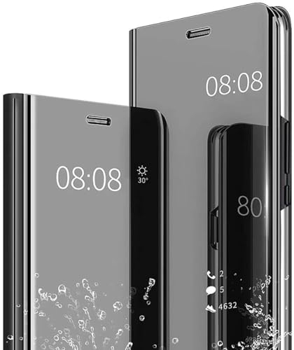 JIAFEI Custodia per Honor Magic 6 Lite 5G, Custodia Luxury Mirror Flip Traslucido Clear View Specchio Standing Cover Anti Shock Placcatura Smart Cover Protezione, Nero