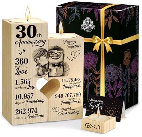 CROWNLY CRYSTAL® 30th Wedding Anniversary Personalised Gift - Couples Candle Holders for Him and Her I Love You Presents