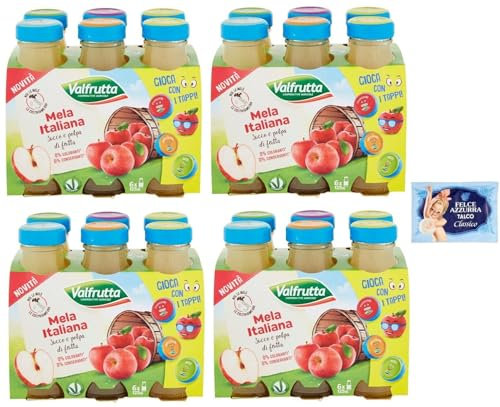 24x Valfrutta Succhi di Frutta Mela,Mela 100% italiana bevanda analcolica rinfrescante,bottiglia di vetro da 125ml + 1 Busta di Talco Felce Azzurra in omaggio da 100g
