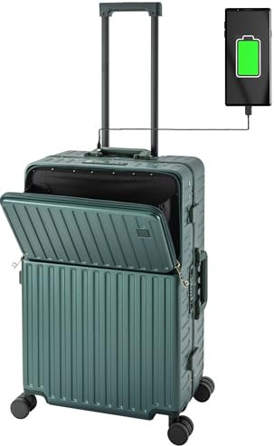 Travelhouse Roma Reisekoffer mit USB Anschluss & Getränkehalter, Hartschale, Alu-Rahmen, Extrafach, 2xTSA, 65x40x25 cm, Grün
