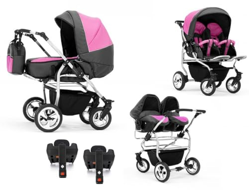 Zwillingskinderwagen 5 in 1 Duo inkl. Autositze und Iso Bases - 14 Teile - in 20 Farben