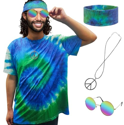 XonyiCos Hippie-Kostüm für Herren und Damen, 60er und 70er Jahre, buntes T-Shirt, Sonnenbrille, Stirnband, Friedenskette, 4-teiliges Set für Motto-Party