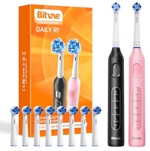 Bitvae Rotierende Elektrische Zahnbürste 2er Pack für Erwachsene und Kinder, 8 Bürstenköpfe 60 Tage Batterielebensdauer, 5 Modi Power Zahnbürste mit 2-Minuten Smart Timer, Schwarz & Rosa, R1