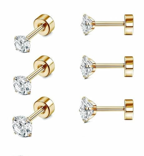 Daisy Philip Cubic Zirconia Hypoallergenic Stud Earrings for Women Men Girls Fashion Surgical Steel Helix Earrings 3 Pairs (Gold 2/3/4mm (3 Pairs))