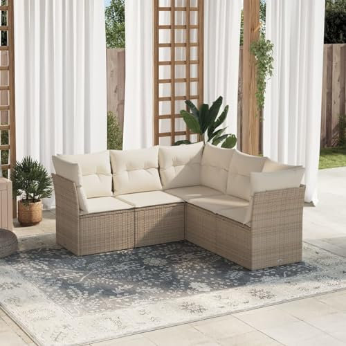 Faroom Balkon Ecklounge mit Stauraum Gartenlounge Klein Balkon Lounge Rattan Sofa Balkonsofa Kleiner Balkon Sitzecke Balkon Loungemöbel Gartensofa Ecksofa Balkonmöbel beige and Cream 5-tlg-Type-507