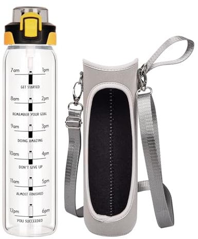 DEARRAY 1l / 1 litre Gourde d'eau en Verre avec Paille et Marqueur de Temps 1000ml Motivation Sport Bouteille en Verre avec Protection en Néoprène